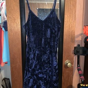 Navy velvet spaghetti strap dress.